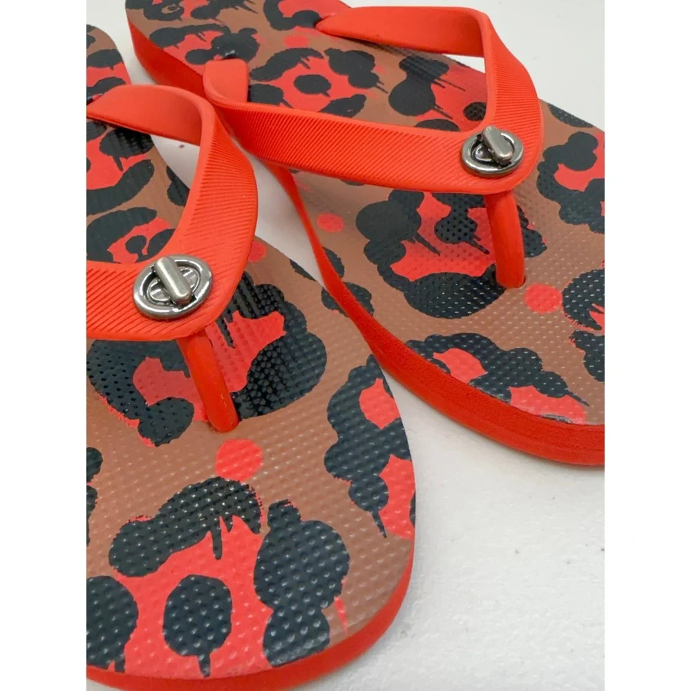 Coach Leopard Flip Flops Orange Red Black Turnlock Sandals 7 8